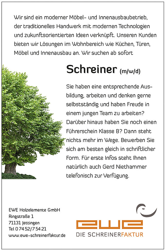 Stellenanzeige für einen Schreiner Gesellen